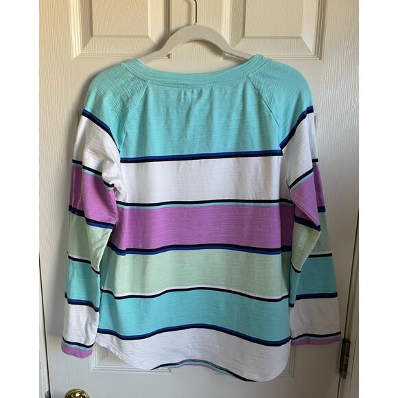 T by Talbots Striped Top Size MP Blue Pink Boat Neck Coastal Colorful Stretchy - Picture 3 of 6